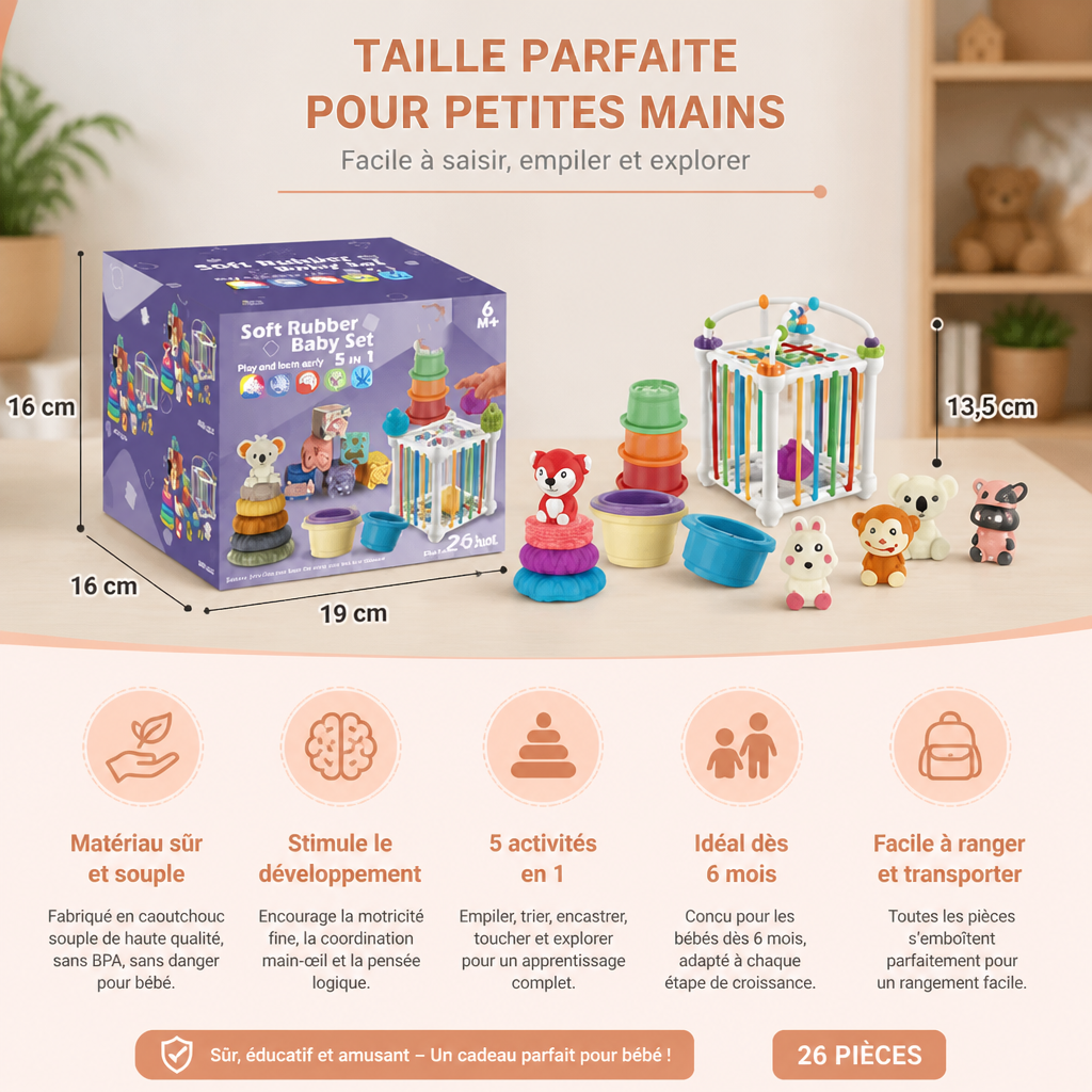 Set Sensoriel Montessori 5-en-1 pour Bébé en Caoutchouc Souple avec Jouets à Empiler et à Trier – 26 Pièces