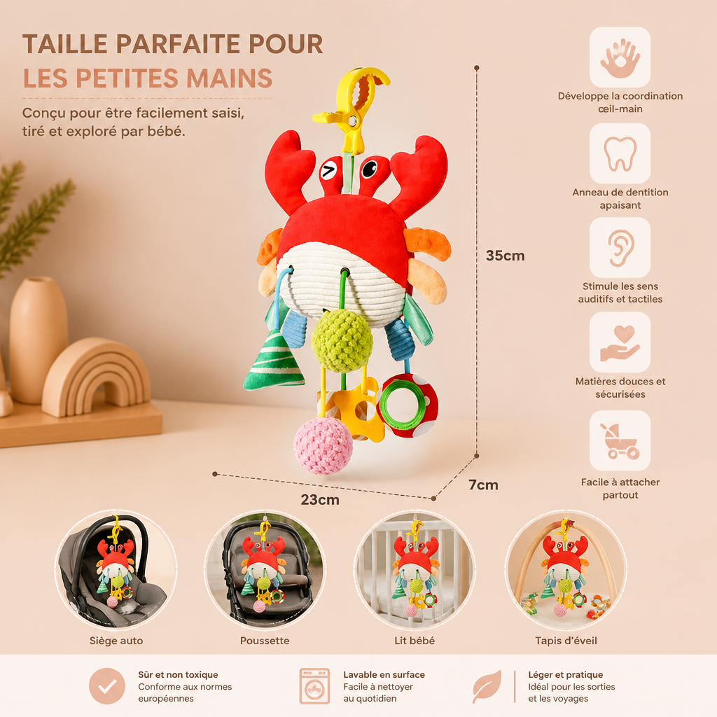Jouet D’Activité Crabe Pour Bébés Avec Cordon À Tirer, Hochet Et Anneau De Dentition