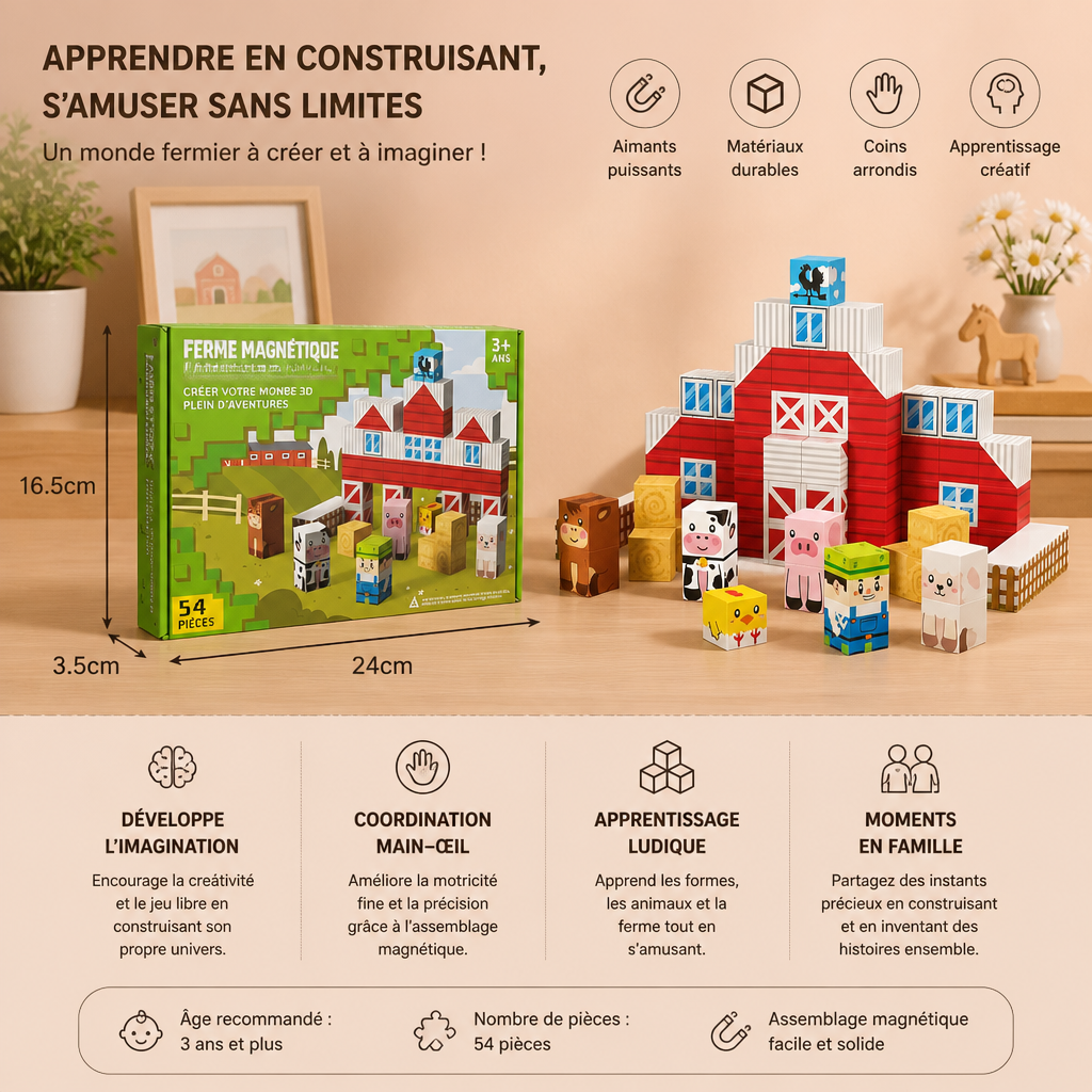 Set De Voyage De Construction Magnétique Ferme Avec Animaux Et Grange