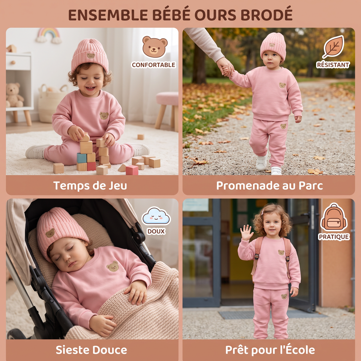 Ensemble Bébé avec Sweat-shirt à Ours Brodé et Pantalon de Survêtement Assorti