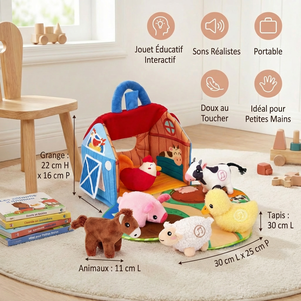 Ensemble de jouets en peluche ferme – jouet éducatif interactif avec maison de jeu portable