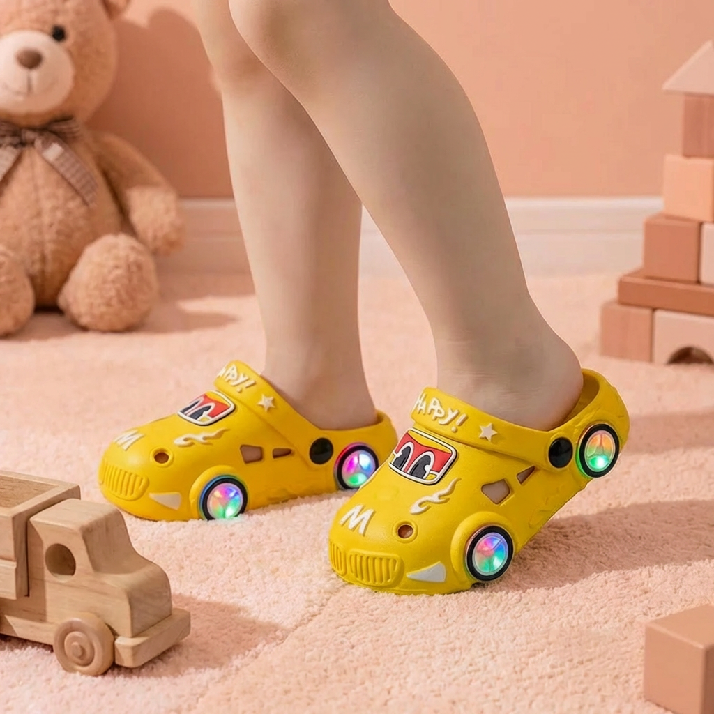 Claquettes enfant lumineuses avec motif voiture – sandales de bain avec semelle antidérapante