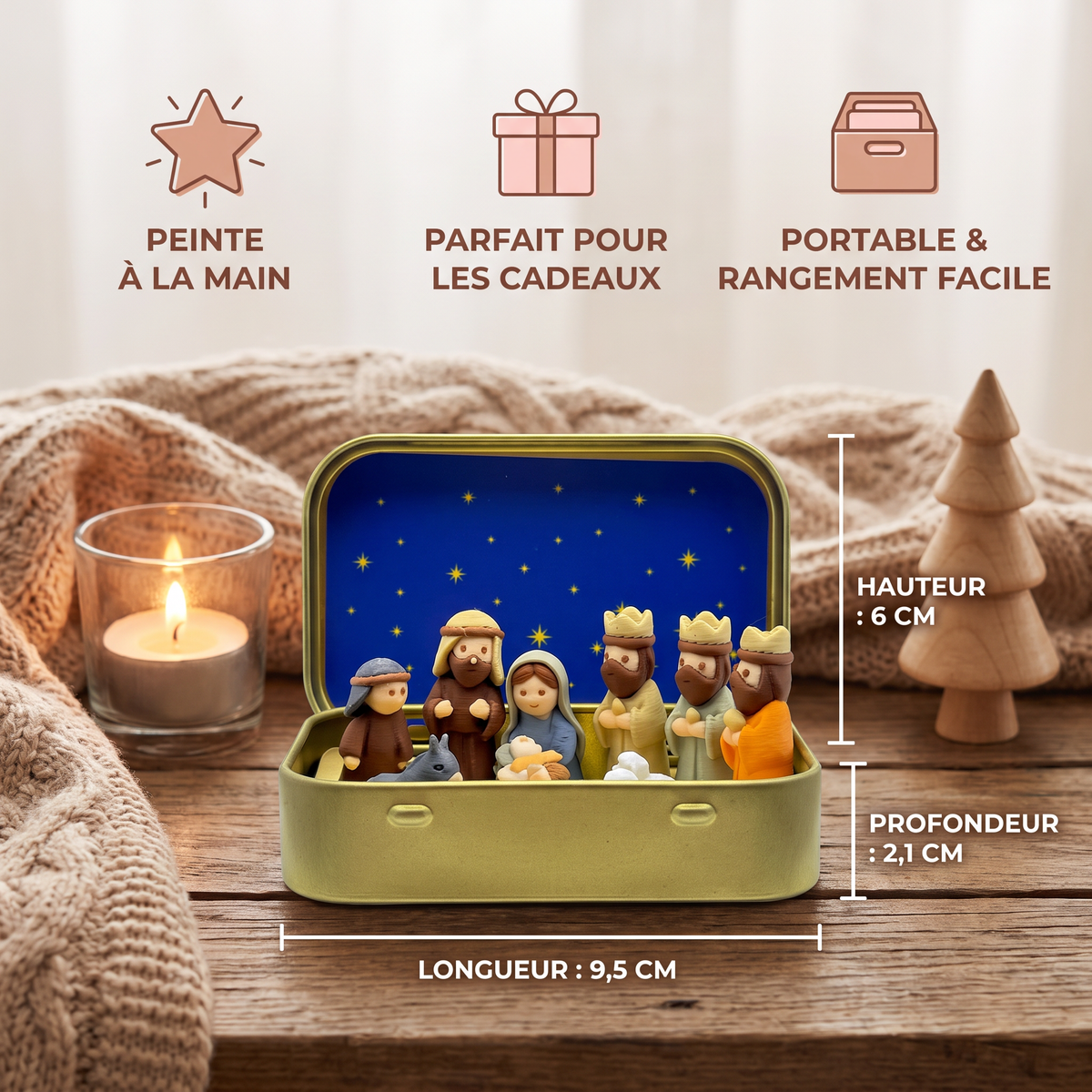 Mini Crèche de Noël en Boîte – Set de Figurines de Noël Peintes à la Main
