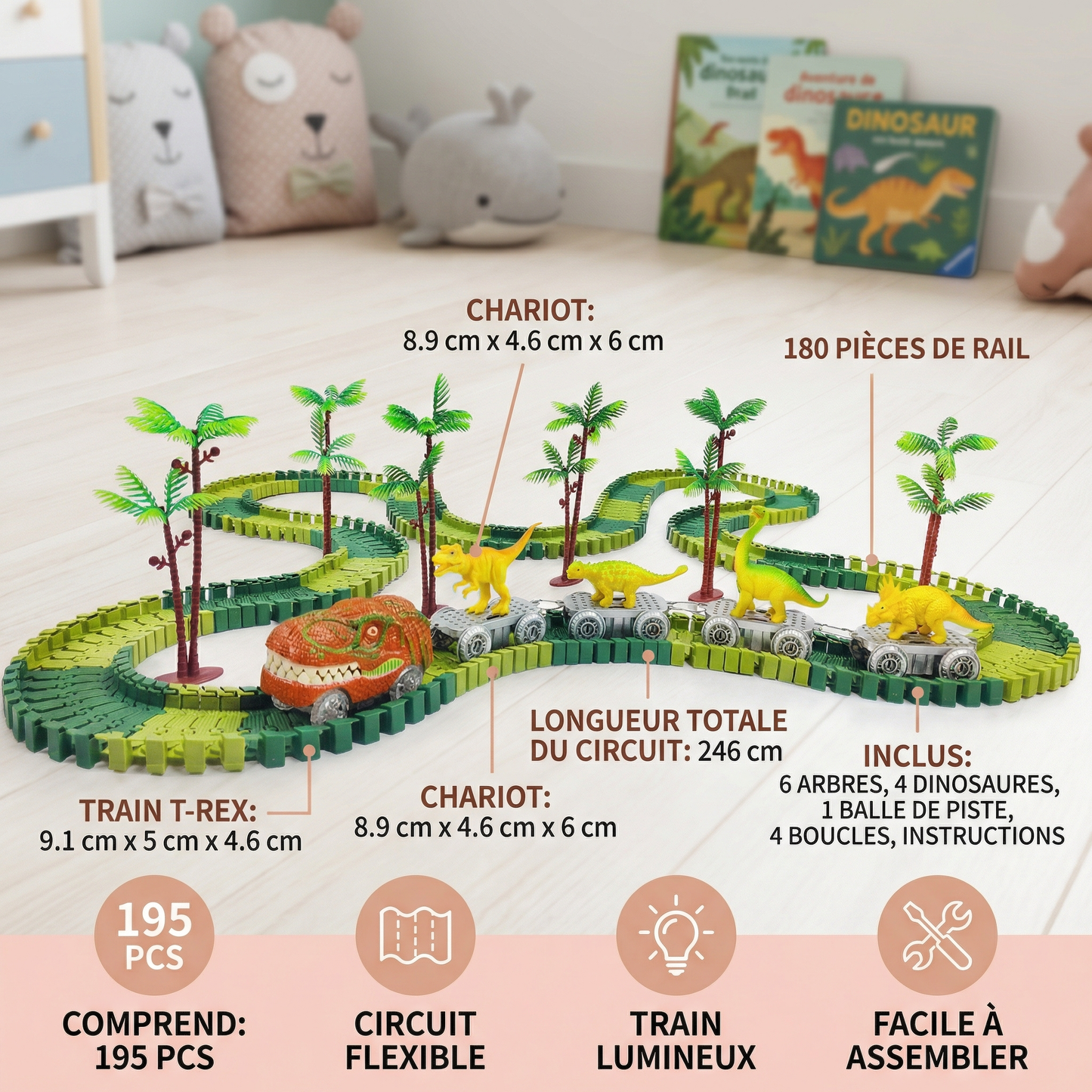 Aventure de dinosaures – Circuit flexible avec train lumineux