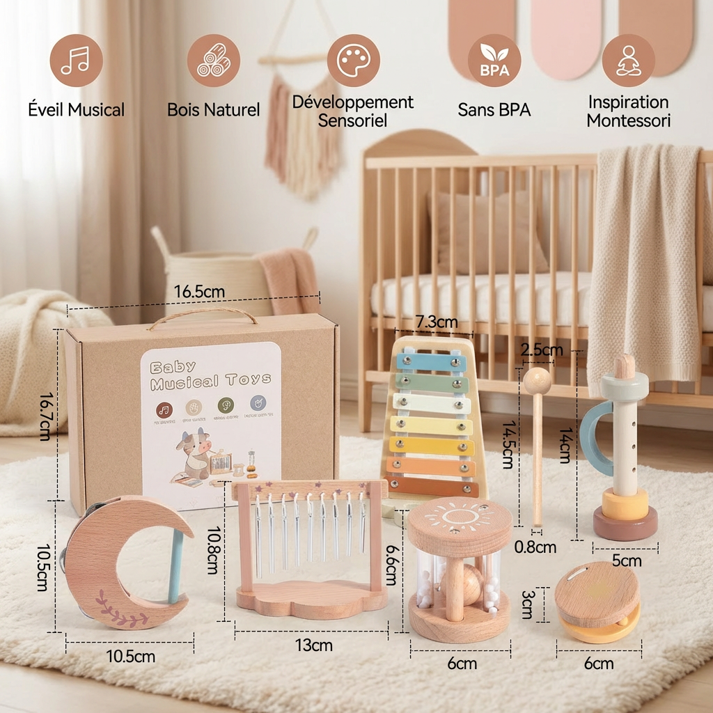 Ensemble musical sensoriel en bois pour bébé – jouet musical et sonore 6 pièces