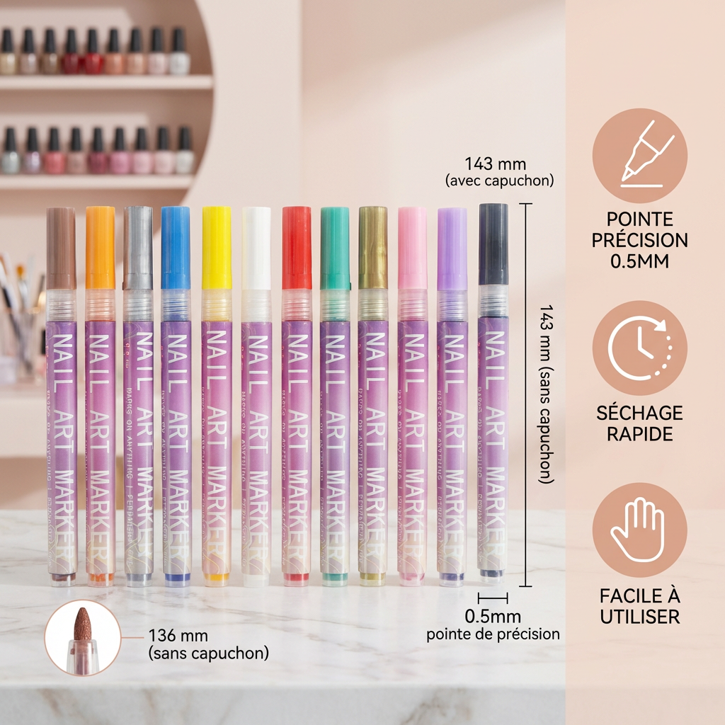 Set de marqueurs Nail Art à pointe de précision – stylos acryliques pour des designs d’ongles fins