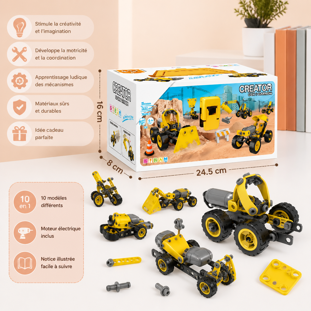Kit de Construction Créatif Électrique 10 en 1 de Véhicules de Chantier pour Enfants