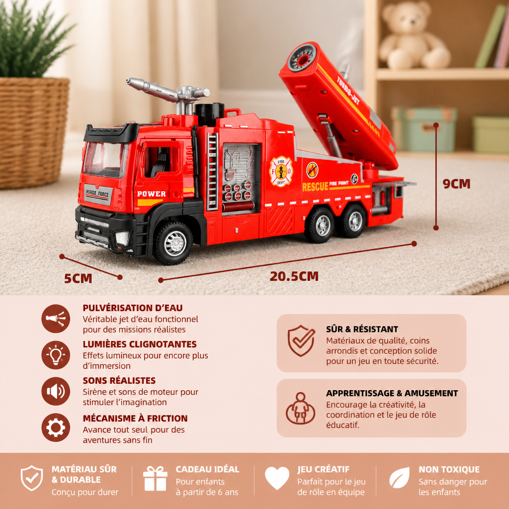Camion de Pompiers Jouet à Retrait Avec Pulvérisation d’Eau, Lumières & Sons