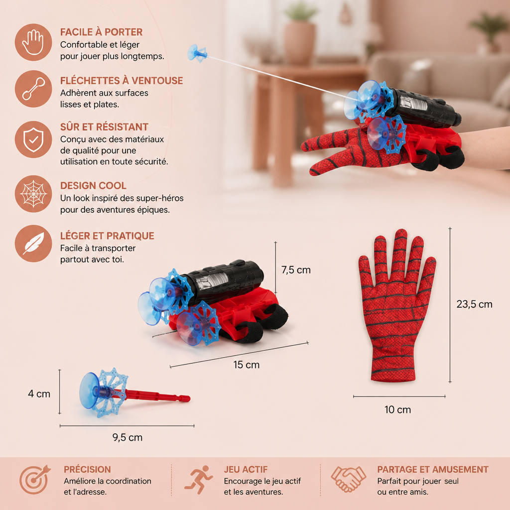 Set de Gants Lance-Toile de Super-Héros – Lanceur à Ficelle au Poignet avec Fléchettes à Ventouse