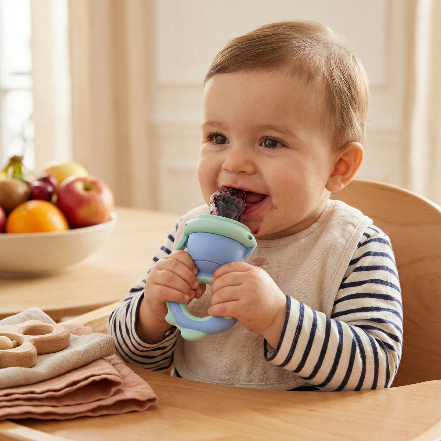 Sucette à fruits pour bébé – anneau de dentition en silicone avec mécanisme de pression