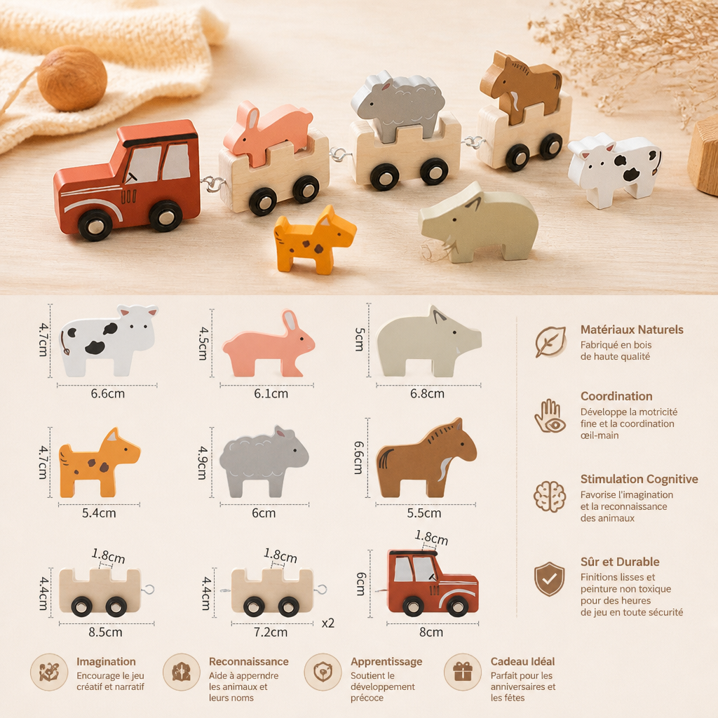 Train en bois avec animaux de la ferme – Jouet à roues flexibles pour enfants