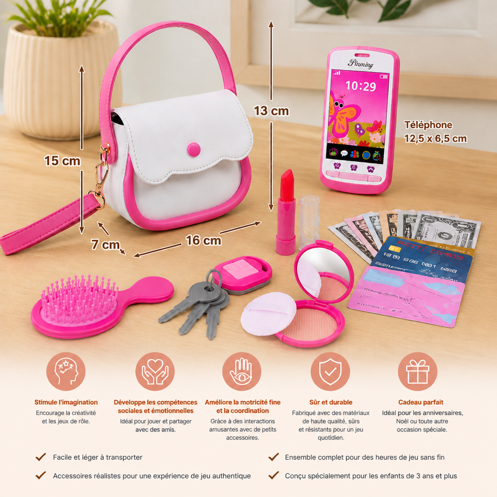 Set de Sac à Main pour Enfant avec Téléphone, Maquillage et Accessoires de Jeu de Rôle