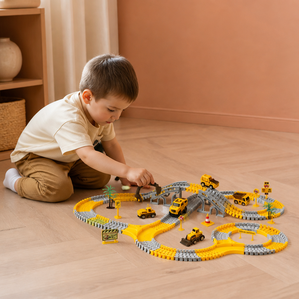 Set de Circuit de Course pour Camions de Chantier avec Pont, Véhicules et Panneaux de Signalisation
