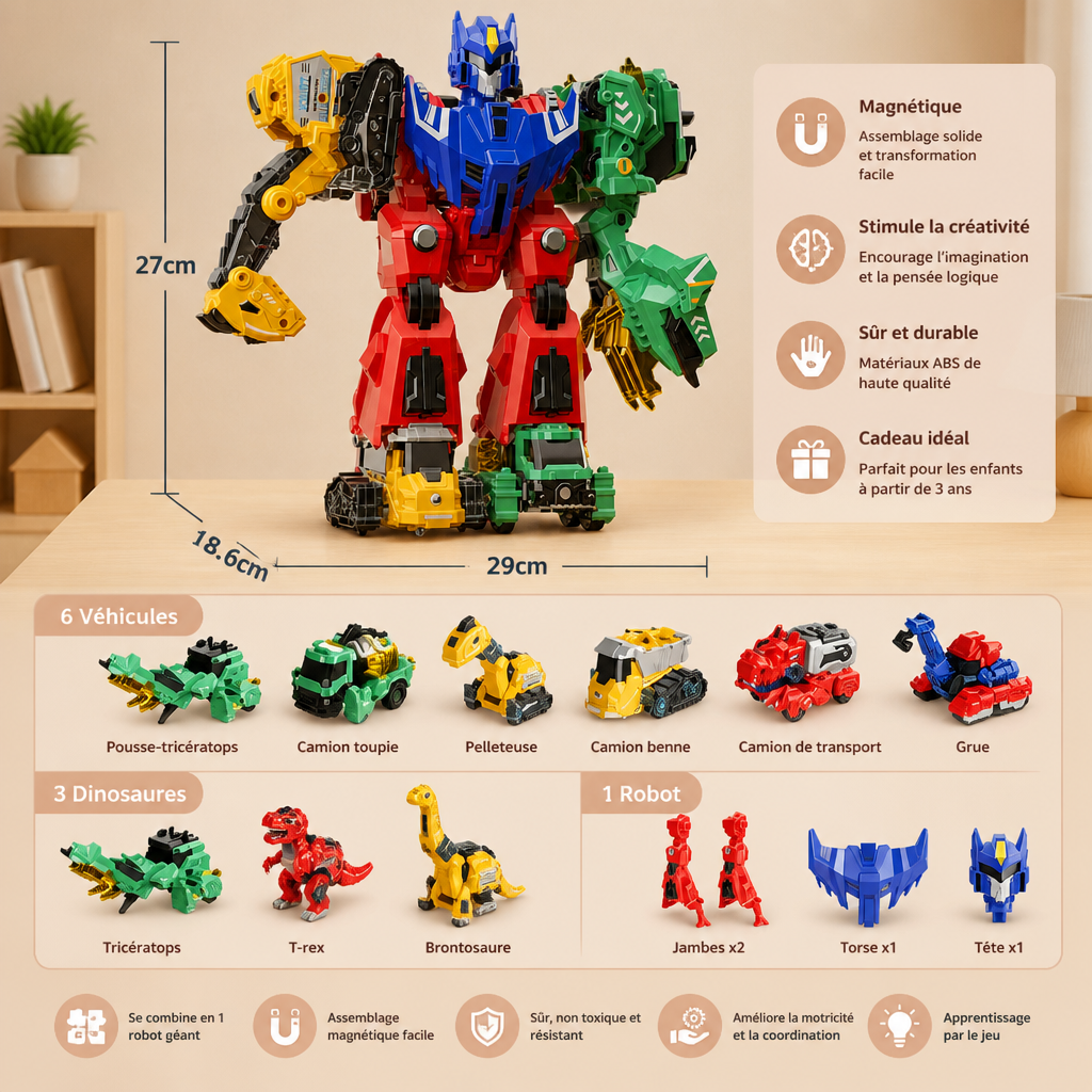 Jouet magnétique transformable 6-en-1 – Construisez 6 véhicules, 3 dinosaures et 1 robot