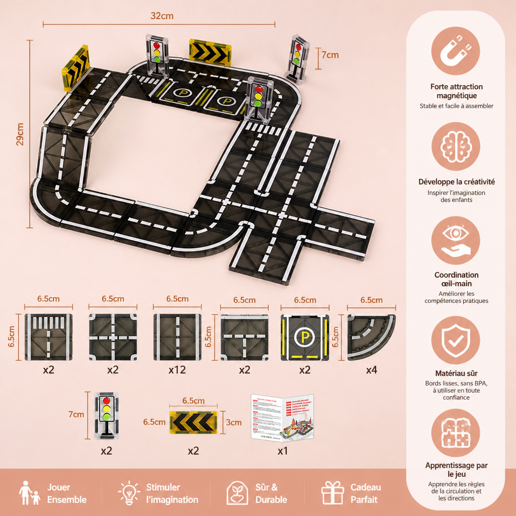 Set de Tuiles Magnétiques et de Blocs de Construction avec Routes et Feux de Circulation