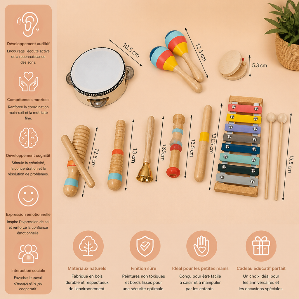 Set d'instruments de musique en bois – Jouets Montessori à percussion et d'éveil au rythme pour enfants