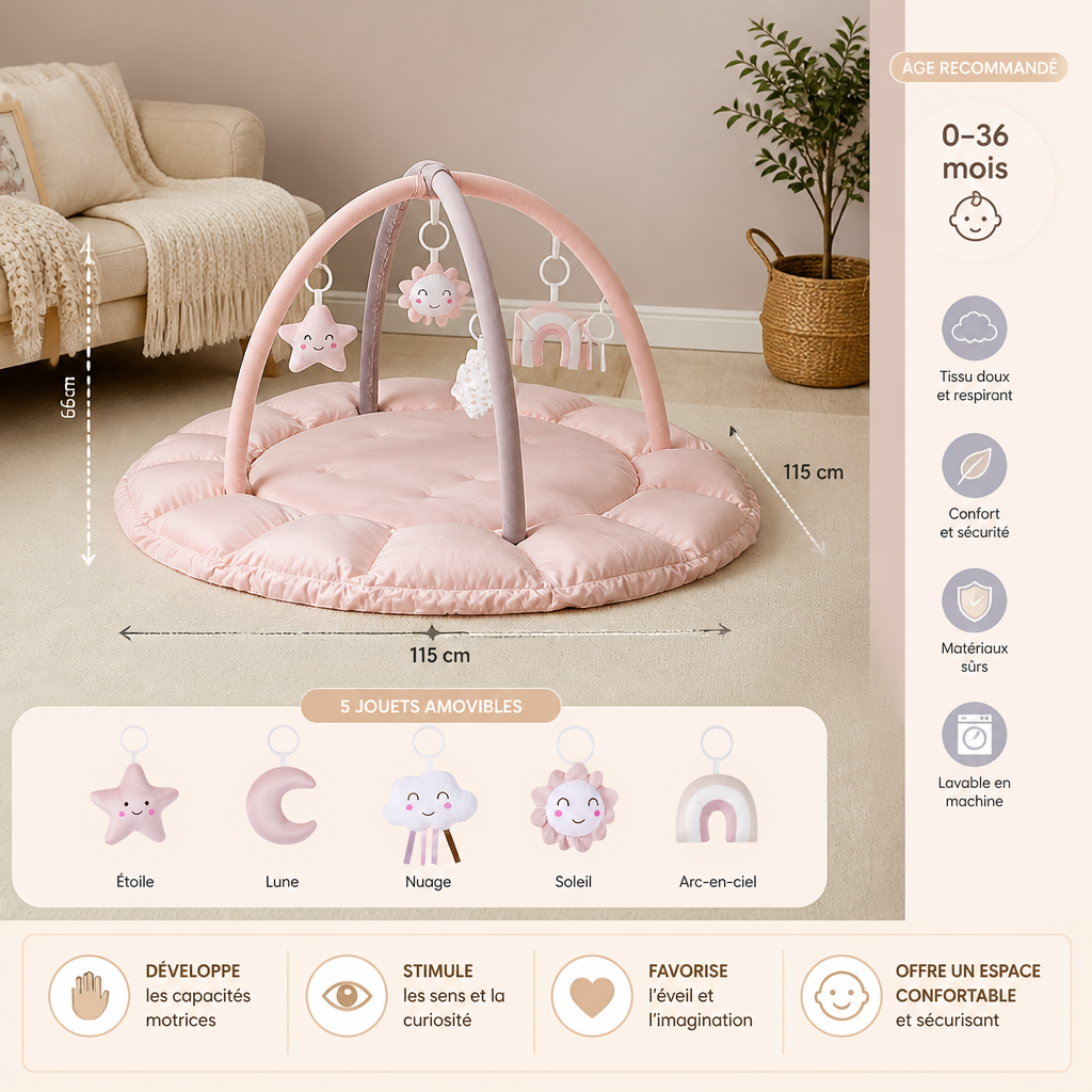 Palestrina pour bébé 5-en-1 en peluche, tapis d’éveil et lit avec jouets suspendus