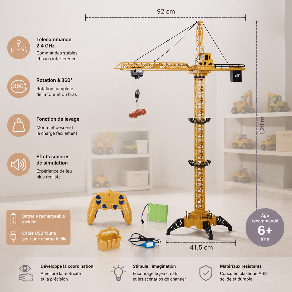 Grue à tour télécommandée – jouet de construction rotatif à 360° avec fonction de levage
