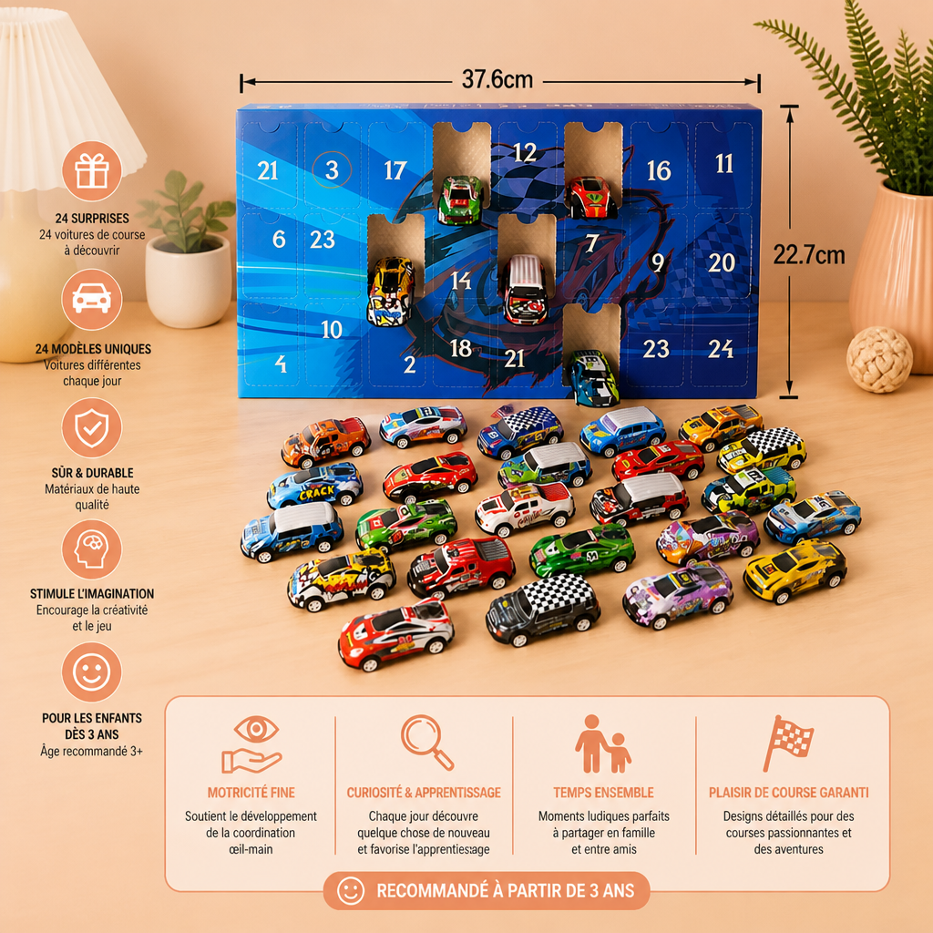 Calendrier de l’Avent de 24 Jours avec Voitures de Course Miniatures Surprise