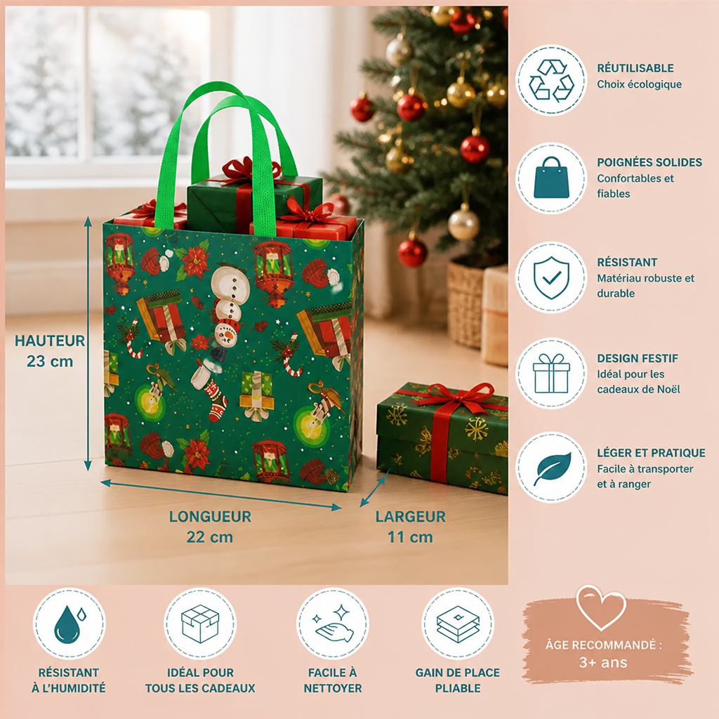 Sacs Cadeaux de Noël Réutilisables avec Poignées – Différents Motifs Festifs