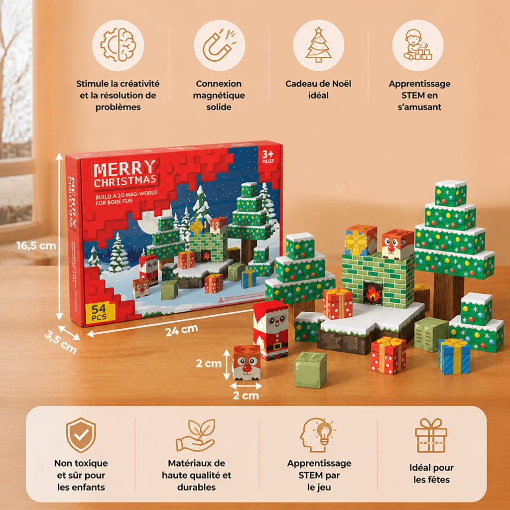 Set de Construction Magnétique de Noël de 54 Pièces – Jouet Éducatif STEM sur le Thème des Fêtes
