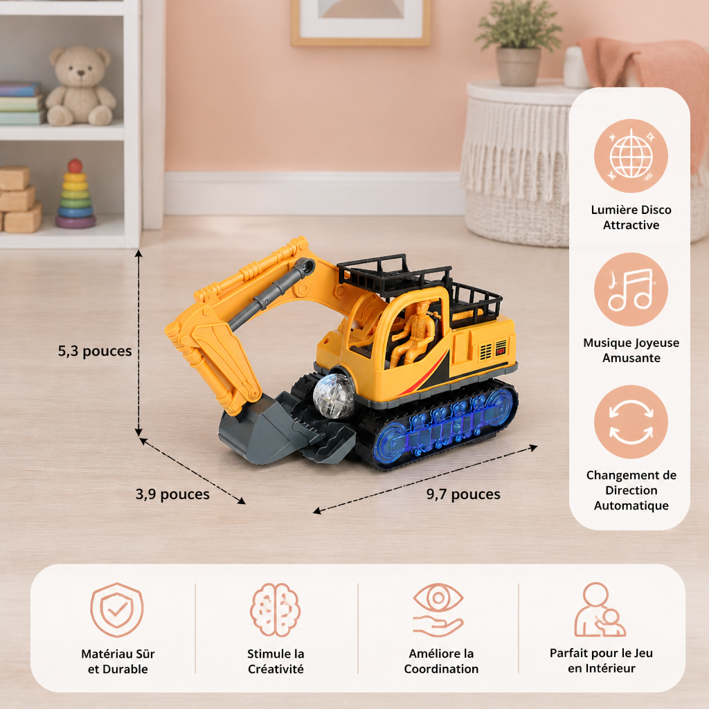 Excavatrice Électrique Pour Enfants Avec Boule Disco, Musique Et Fonction De Changement Automatique De Direction