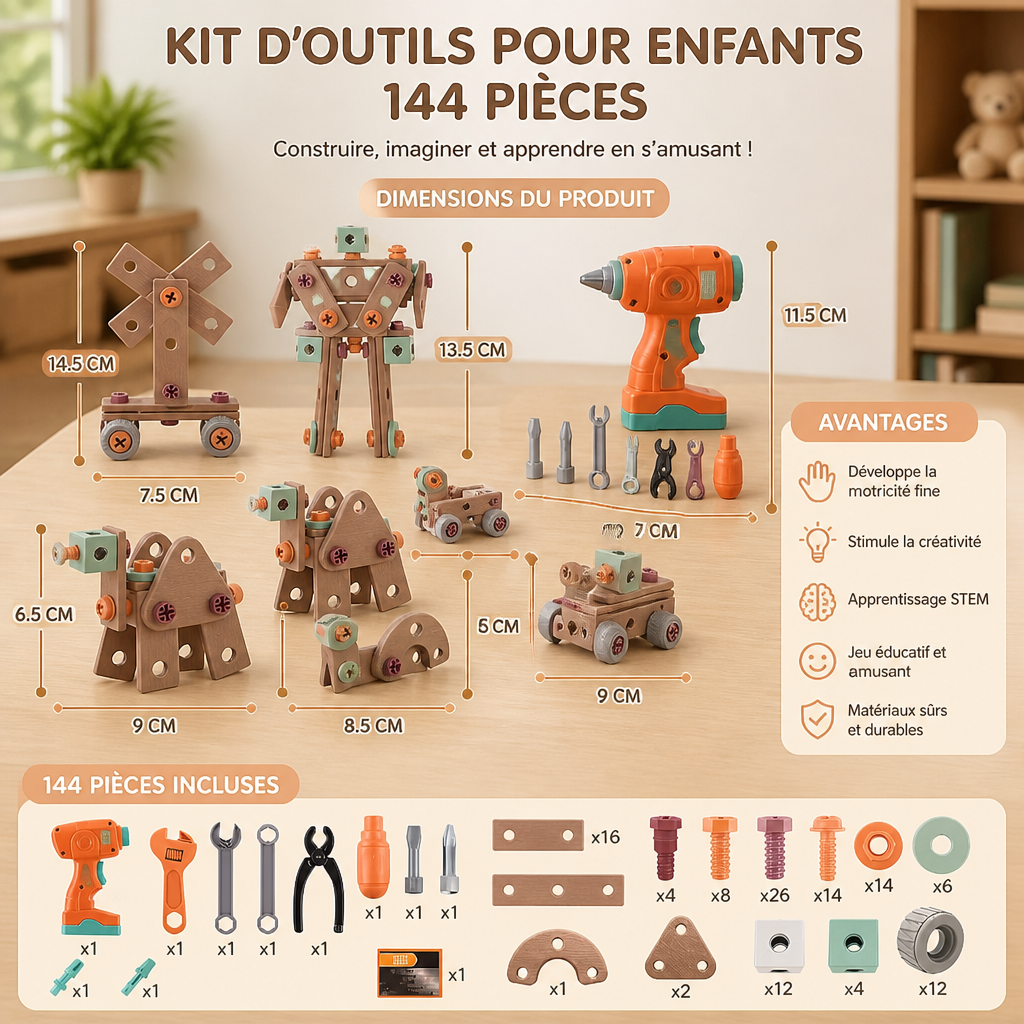 Kit d’outils pour enfants de 144 pièces avec perceuse et mallette – Kit de construction STEM Montessori