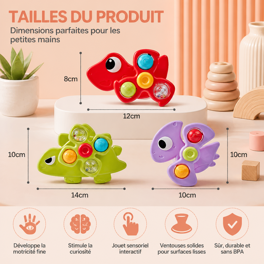 Set de 3 Toupies à Ventouse en Forme de Dinosaure pour Bébés et Jeunes Enfants