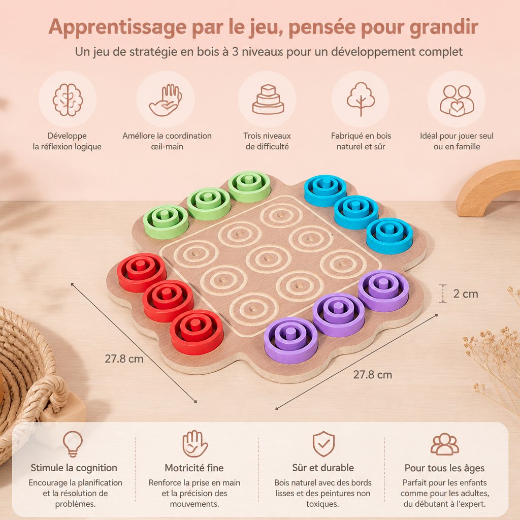 Jeu de Stratégie Éducatif en Bois de Morpion à 3 Niveaux pour Enfants