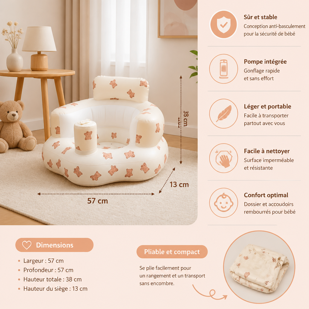Siège de sol gonflable pour bébé avec pompe intégrée – Portable et pliable