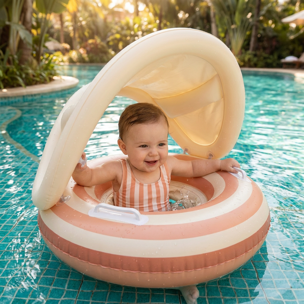 Bassin gonflable rétro à rayures pour bébé avec toit solaire amovible – Siège sécurisé de 6 à 36 mois