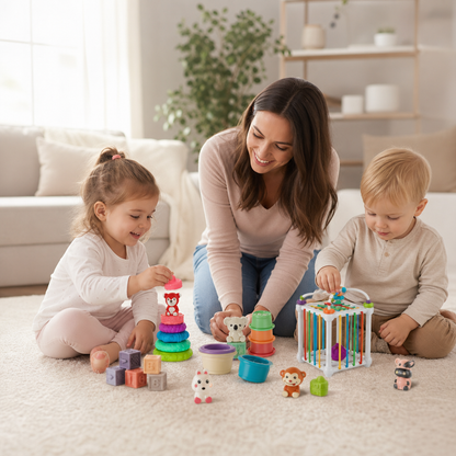 Set Sensoriel Montessori 5-en-1 pour Bébé en Caoutchouc Souple avec Jouets à Empiler et à Trier – 26 Pièces