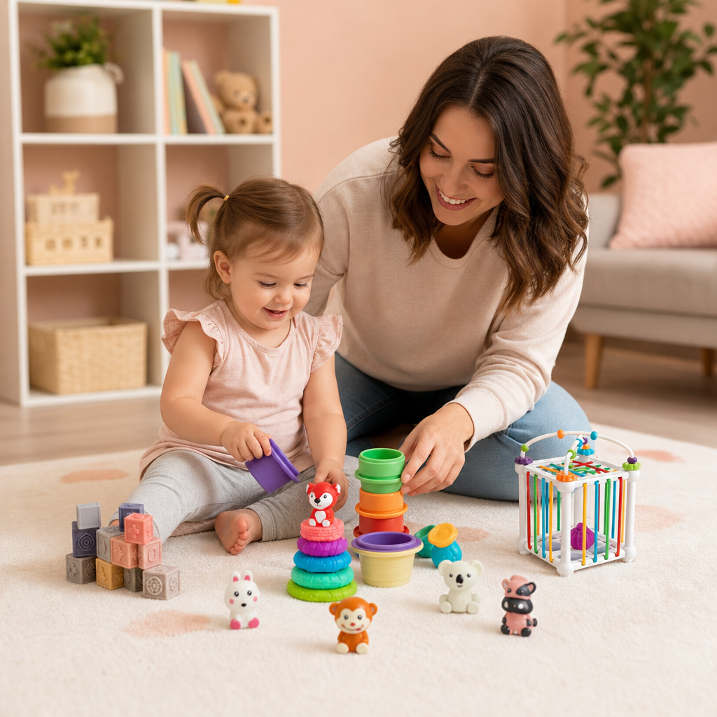 Set Sensoriel Montessori 5-en-1 pour Bébé en Caoutchouc Souple avec Jouets à Empiler et à Trier – 26 Pièces