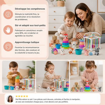 Set Sensoriel Montessori 5-en-1 pour Bébé en Caoutchouc Souple avec Jouets à Empiler et à Trier – 26 Pièces