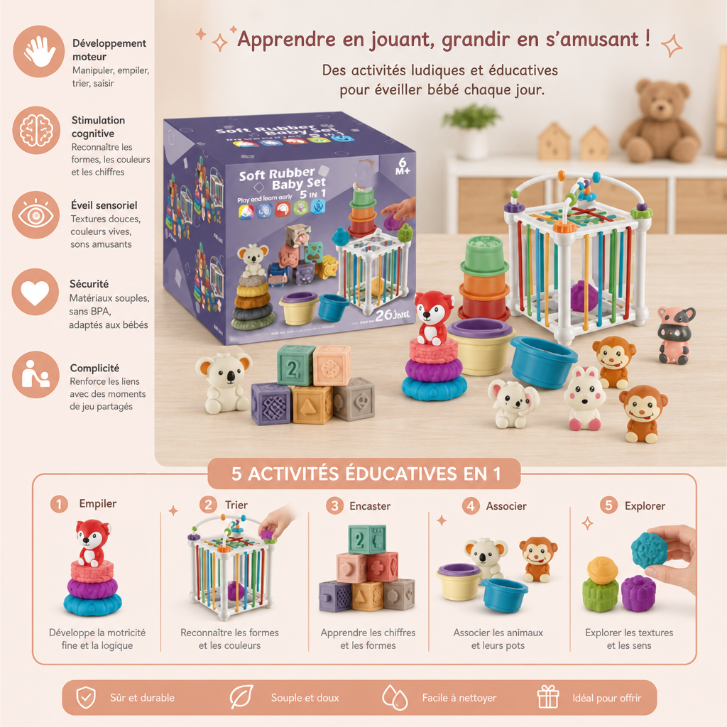 Set Sensoriel Montessori 5-en-1 pour Bébé en Caoutchouc Souple avec Jouets à Empiler et à Trier – 26 Pièces