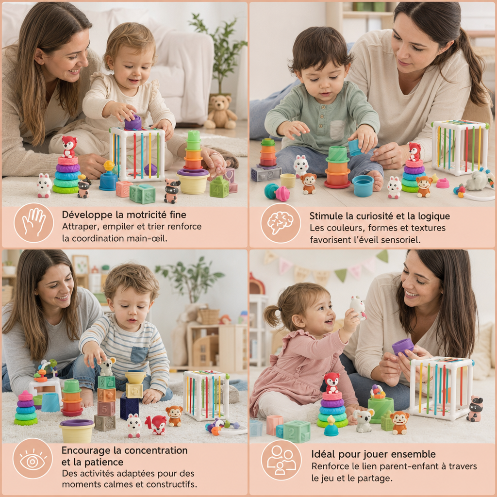 Set Sensoriel Montessori 5-en-1 pour Bébé en Caoutchouc Souple avec Jouets à Empiler et à Trier – 26 Pièces