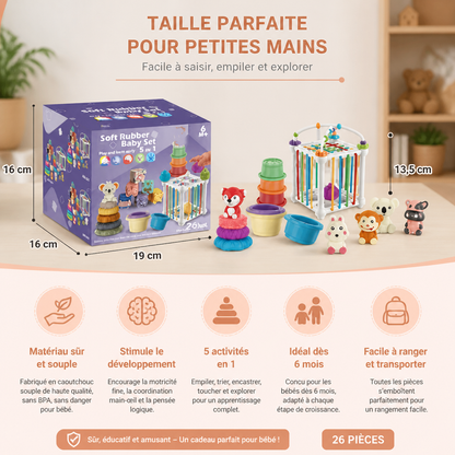Set Sensoriel Montessori 5-en-1 pour Bébé en Caoutchouc Souple avec Jouets à Empiler et à Trier – 26 Pièces