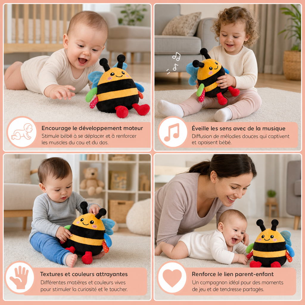 Peluche abeille musicale interactive pour jouer sur le ventre
