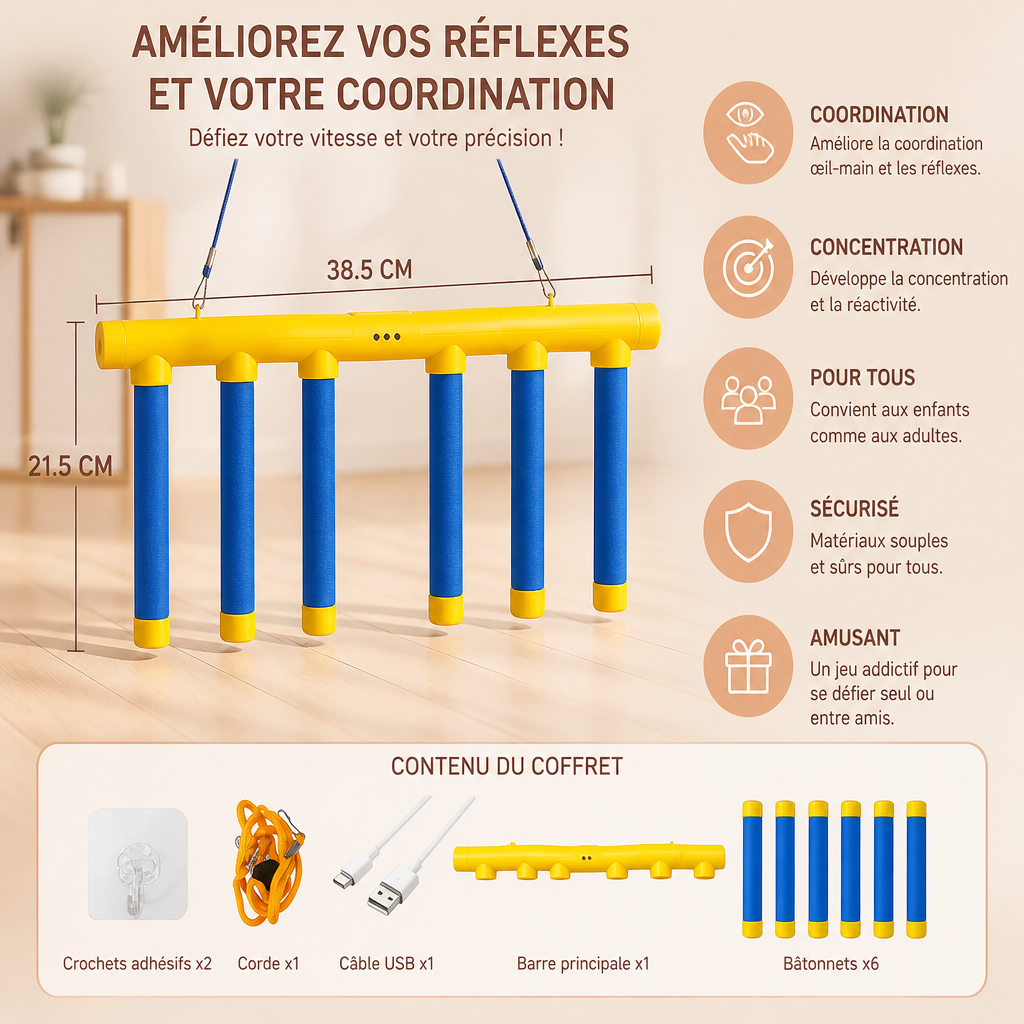 Jeu de réflexes avec bâtonnets tombants – Jouet de coordination œil-main