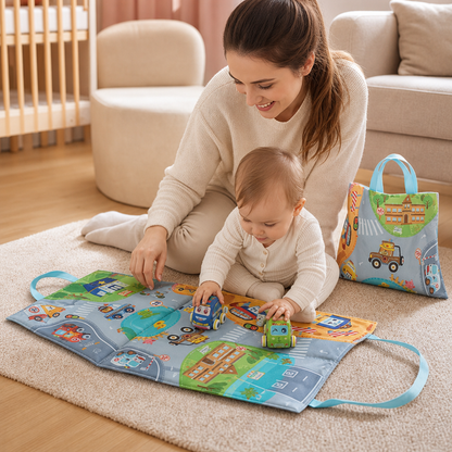 Ensemble de Voitures en Peluche Douce à Rétrofriction avec Tapis de Jeu 2-en-1 et Sac de Rangement