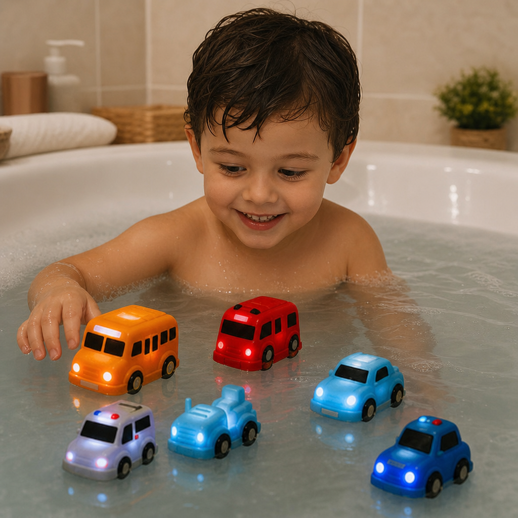 Set de petites voitures lumineuses pour le bain – Jouets de bain pour bébé activés par l’eau