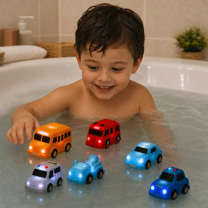 Set de petites voitures lumineuses pour le bain – Jouets de bain pour bébé activés par l’eau