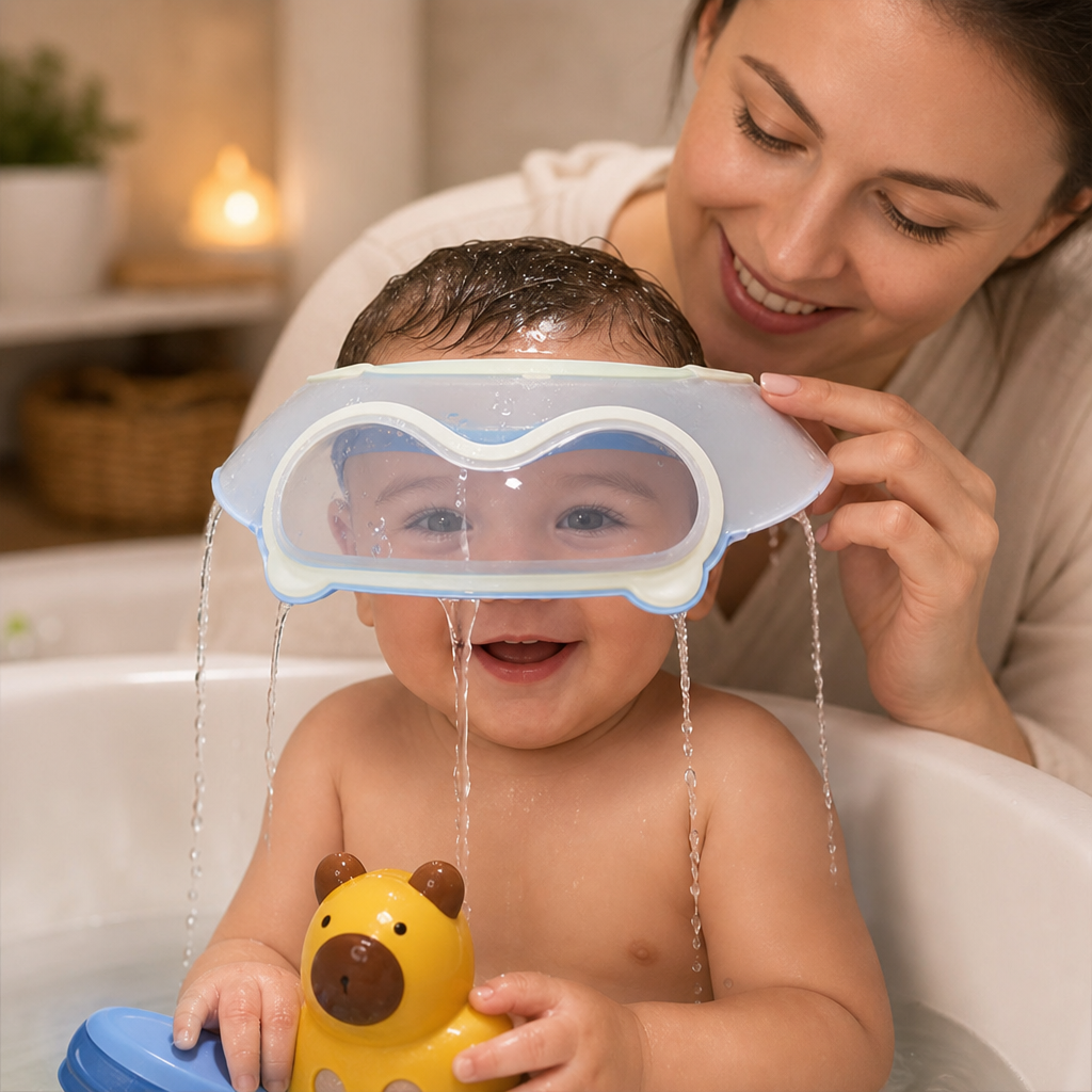 Visière de bain réglable pour bébé avec protection à 360° des yeux et des oreilles contre l’eau et le shampoing