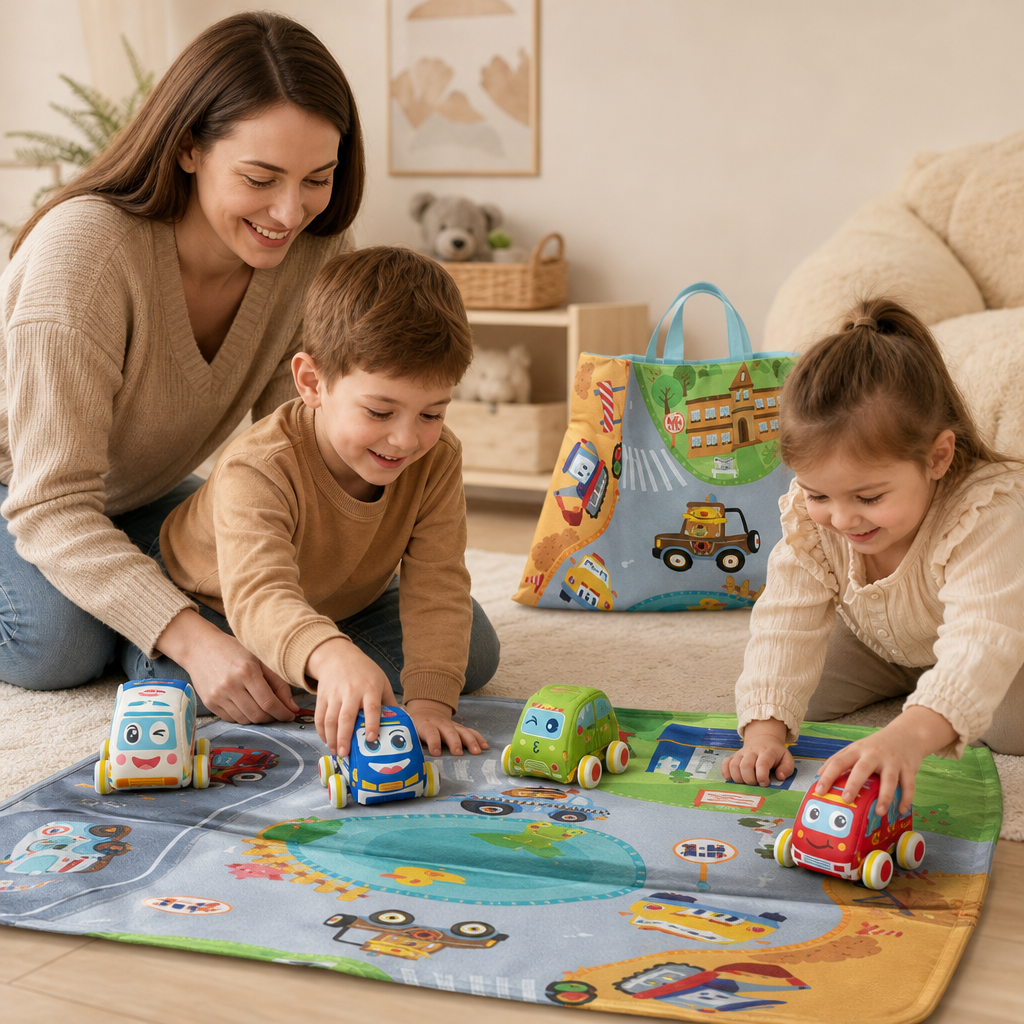 Ensemble de Voitures en Peluche Douce à Rétrofriction avec Tapis de Jeu 2-en-1 et Sac de Rangement