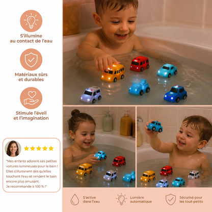Set de petites voitures lumineuses pour le bain – Jouets de bain pour bébé activés par l’eau