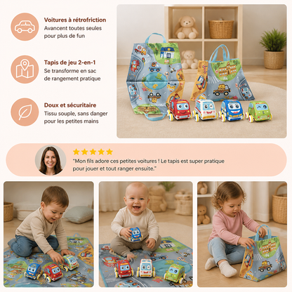 Ensemble de Voitures en Peluche Douce à Rétrofriction avec Tapis de Jeu 2-en-1 et Sac de Rangement