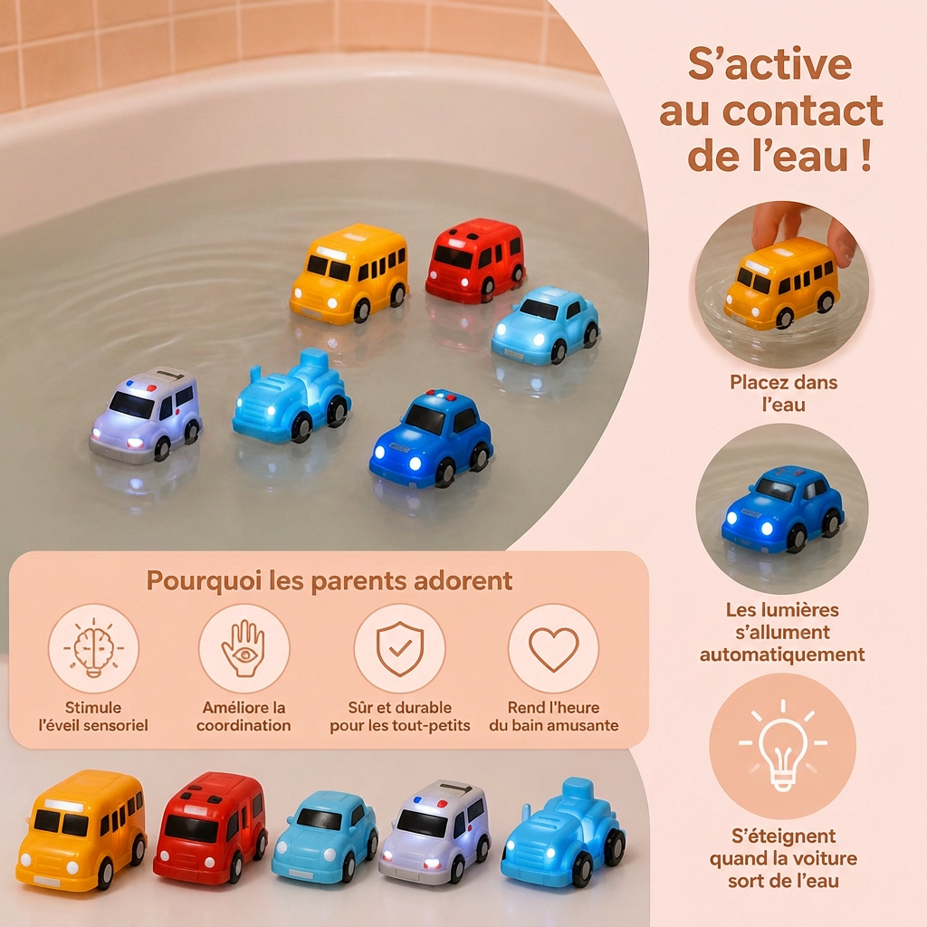 Set de petites voitures lumineuses pour le bain – Jouets de bain pour bébé activés par l’eau