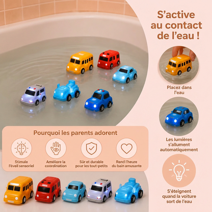 Set de petites voitures lumineuses pour le bain – Jouets de bain pour bébé activés par l’eau