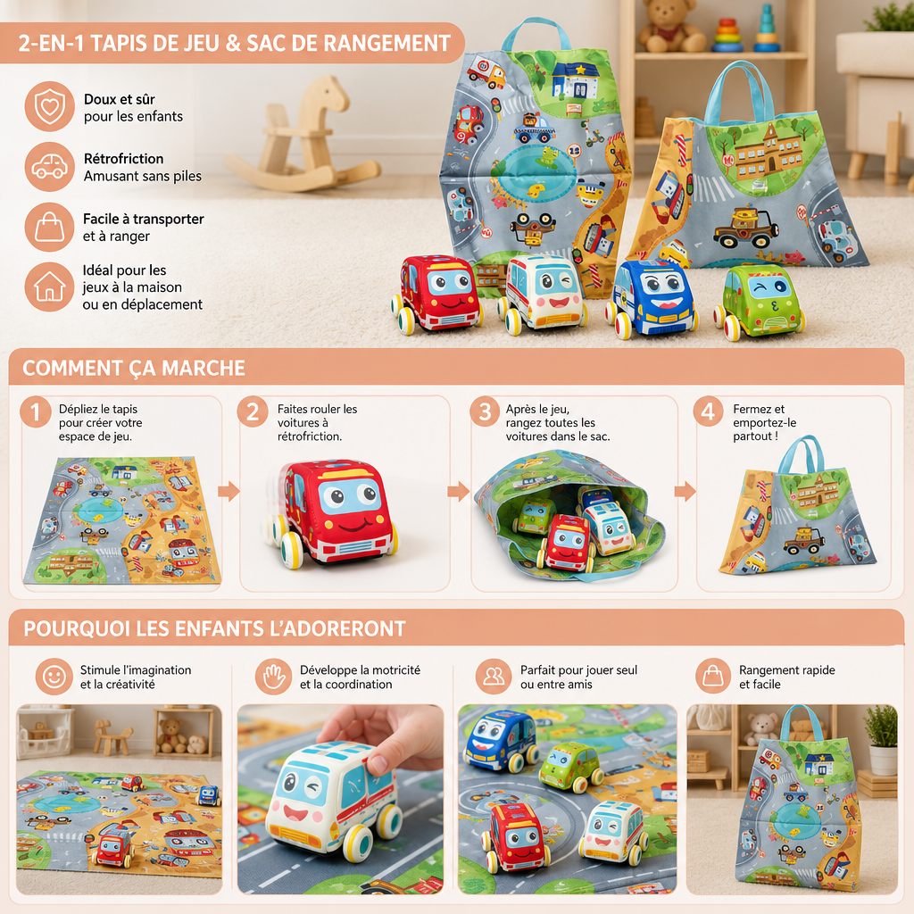 Ensemble de Voitures en Peluche Douce à Rétrofriction avec Tapis de Jeu 2-en-1 et Sac de Rangement