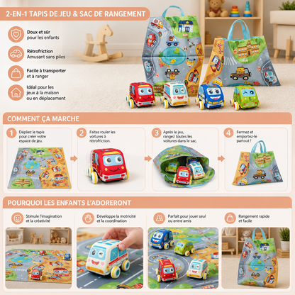 Ensemble de Voitures en Peluche Douce à Rétrofriction avec Tapis de Jeu 2-en-1 et Sac de Rangement